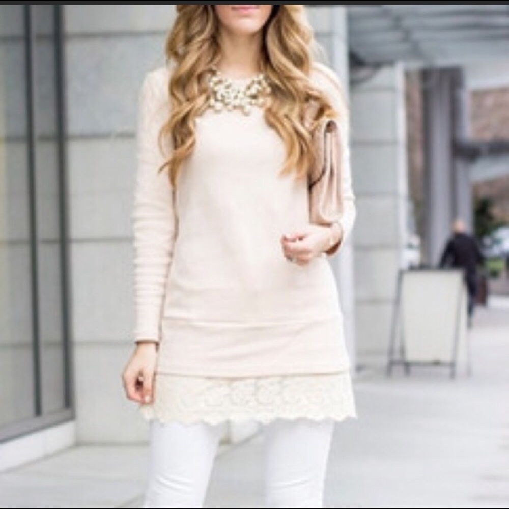 Long Sleeve Tan colored Dress with Lace Bottom - Picture 2 of 5